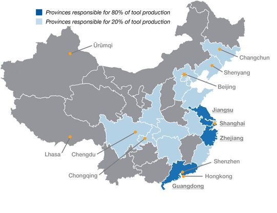 Fig. 1: China's tool and mould production regions. The large share of the economic power concentrates on the east coast. Fig. 1: China's tool and mould production regions. The large share of the economic power concentrates on the east coast.