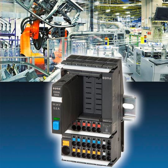 Bild 1: Der steckbare, elektronische Schutzschalter ESS30-S (Modul oben links) mit galvanischer Trennung auf dem Stromverteilersystem Modul 18plus. Bild 1: Der steckbare, elektronische Schutzschalter ESS30-S (Modul oben links) mit galvanischer Trennung auf dem Stromverteilersystem Modul 18plus.
