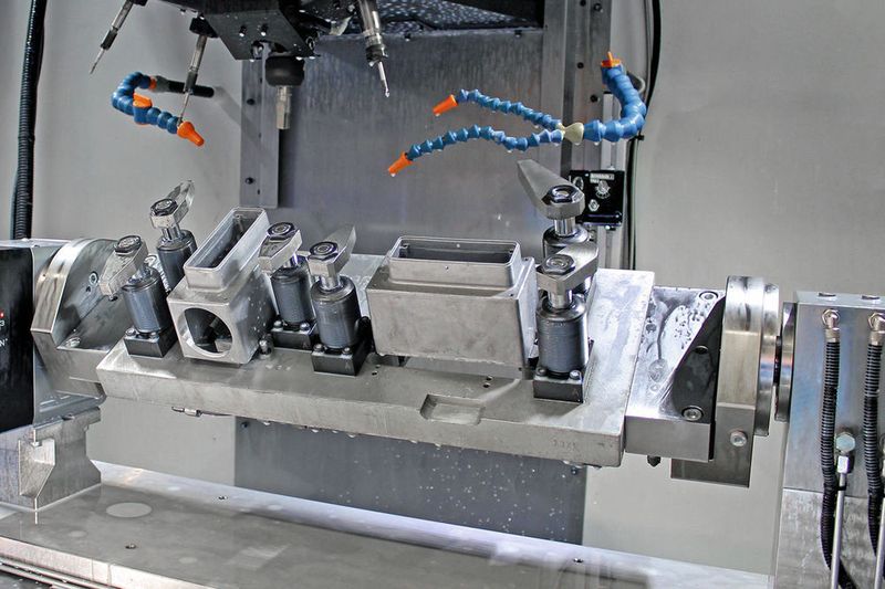Die vorhandenen Spannvorrichtungen wurden per Adapterplatten auf eine einheitliche Länge gebracht. Diese sitzen nun fest auf der vierten Achse.