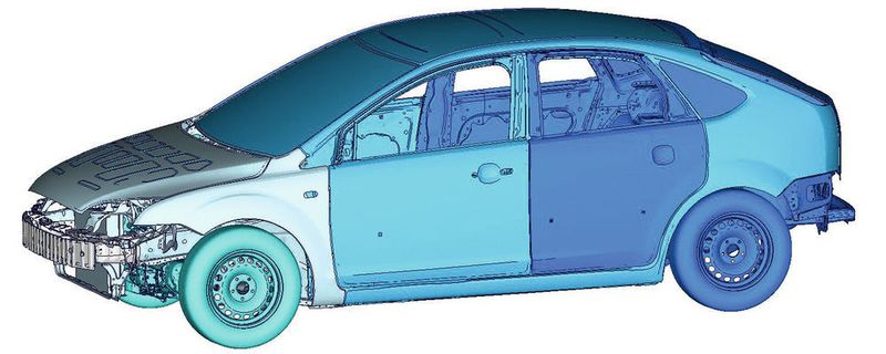 Bei einem in so genannte Rigid Bodys (Starrkörper) unterteilten Fahrzeugmodell lässt sich die Rechenzeit der Crashsimulation um etwa zehn Prozent verkürzen.