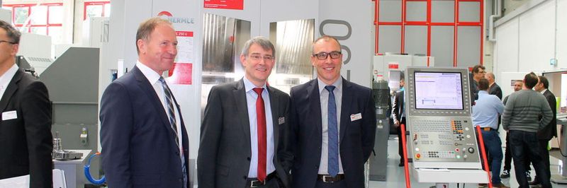 Hermle Open House 2016, Gosheim, Germany: Alfons Betting and Franz-Xaver Bernhard, members of the board, and Udo Hipp, head of marketing (l-r) in front of the new C 250 5-axis machining centre.