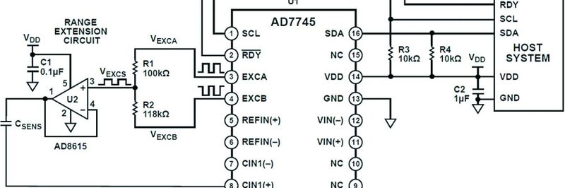 Bild 1: Vereinfachte Schaltung zur Messung der relativen Feuchte (Bild: Analog Devices)