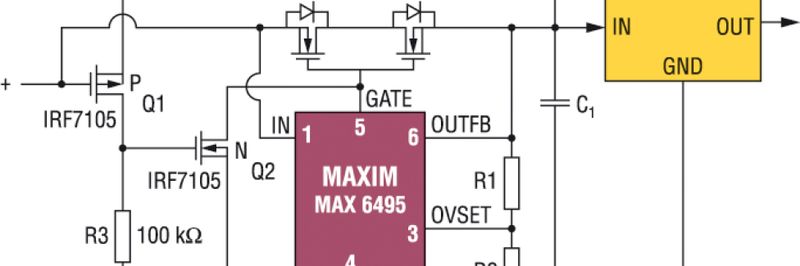 Überspannungsschutz: Baustein MAX6495 schützt die Last vor Spannungs-Transienten bis zu 72 V.