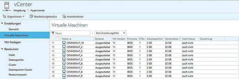 Im Baramundi Management Center werden Informationen zu den virtuellen Maschinen dargestellt.