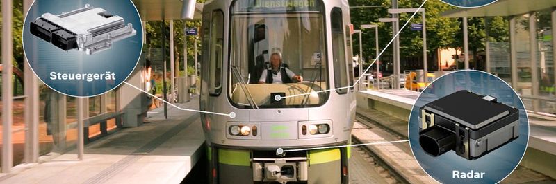 Das neue Kollisionswarnsystem für Stadt- und Straßenbahnen der Bosch Engineering GmbH erfasst mit jeweils einem Radar- und Videosensor Fahrzeuge, Busse, benachbarte Schienenfahrzeuge und feststehende Hindernisse auf dem Schienenweg. Erkennt das System ein Unfallrisiko, warnt es den Zugführer und bremst die Bahn selbständig ab.