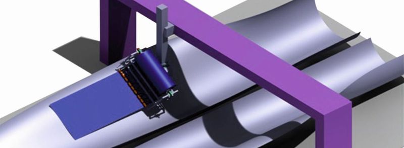 Schema eines automatisierten und somit produktiveren Direktablageprozesses für Glasfasergelege zur Herstellung von Rotorblättern für Windkraftanlagen, wie er am Institut für integrierte Produktentwicklung der Universität Bremen (BIK) entwickelt und erforscht wird, um die Rotorblattherstellung wirtschaftlicher zu machen – Trotz steigender Größe und Ansprüche an das Material.