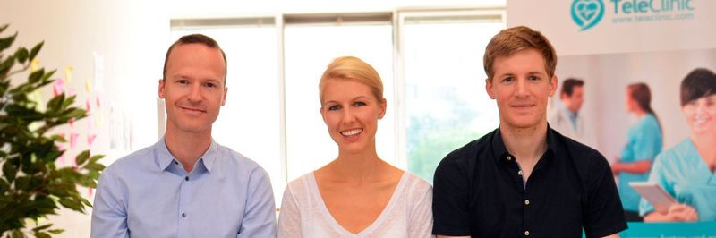 Die Tele Clinic bietet Online-Videosprechstunden sieben Tage die Woche an, jeweils von 6 bis 23 Uhr. Gegründet wurde sie von (v.li.n.re.) Prof. Dr. Reinhardt Meier, Katharina Jünger und Patrick Palacin.