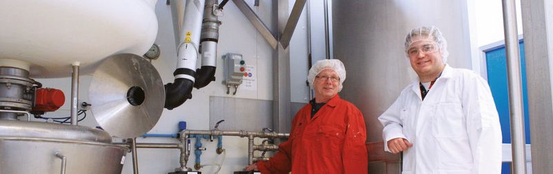 Wim Ekkelkamp, Technical Manager, at Ofichem’s API-manufacturing facility and Remco Vree Egberts, right, R&D Manager and Project Leader have chosen the Almatec E-Series Air-Operated Double-Diaphragm Pump because of its Atex certification for handling dangerous materials.