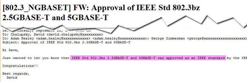 Eine von IEEE.org veröffentlichte E-Mail bestätigt: 802.3bz wurde angenommen.