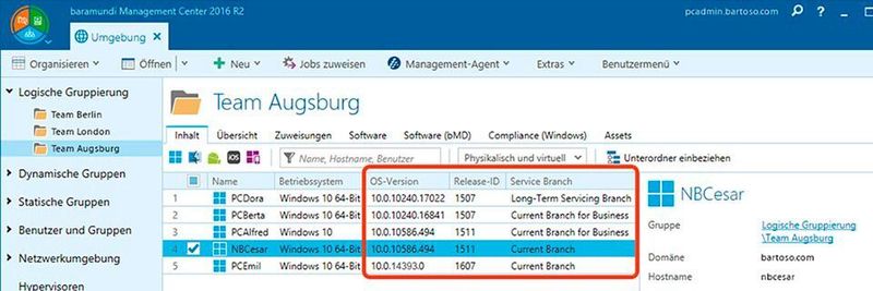 Die Baramundi Management Suite 2016 R2 bietet eine zentrale Übersicht über Release-IDs und Service-Branches.