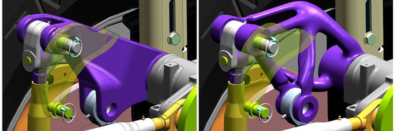 Die neue Technologie von Siemens für Generatives Design und Simulation ermöglicht Topologieoptimierung für bessere Leistung und geringeres Gewicht: Das Bauteil links wurde für die herkömmliche Herstellung konstruiert. Die organisch geformte Variante rechts wurde für den 3D-Druck optimiert – mit reduziertem Gewicht bei gleicher Festigkeit.