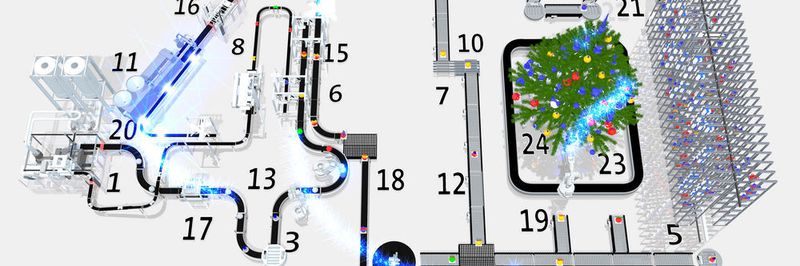 Der Adventskalender zeigt, wie in einer weihnachtlich geschmückten Industrie-4.0-Fabrik mithilfe von Automatisierungstechnik Weihnachtskugeln in verschiedenen Farben und Formen hergestellt werden.
