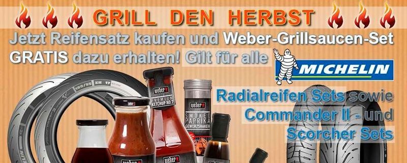 Käufer bestimmter Michelin-Reifenmodelle erhalten bei Motorradreifendirekt.de ein Grillsaucen-Set gratis dazu.