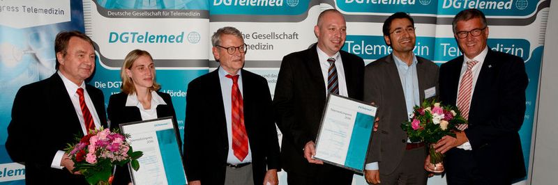 Verleihung des Telemedizinpreises 2016: v.l.n.r. Wolfgang Loos, DG Telemed, Eva Maria Craemer, Leiterin Neurologisches Forschungslabor, Krankenhaus Nordwest, Prof. Dr. Hans-Jochen Brauns, DG Telemed, Sebastian Dresbach, Geschäftsführer Zentrum für Telemedizin Bad Kissingen, Dr. Asarnusch Rashid, Projektleiter Zentrum für Telemedizin Bad Kissingen, Prof. Dr. Bernd Griewing, Ärztlicher Direktor, Neurologische Klinik Bad Neustadt.