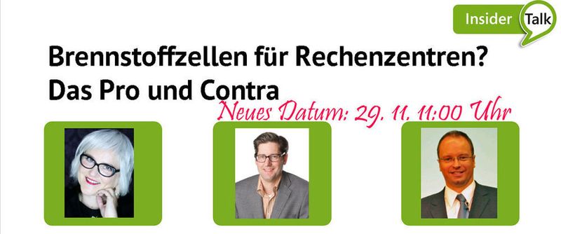 In der Live-Diskussion um die Tauglichkeit von Brennstoffzellen für Rechenzentren vertritt Mark Kammerer (Mitte) von Hydrogenics das Pro, Christian Stolte das Contra und Ulrike Ostler moderiert.