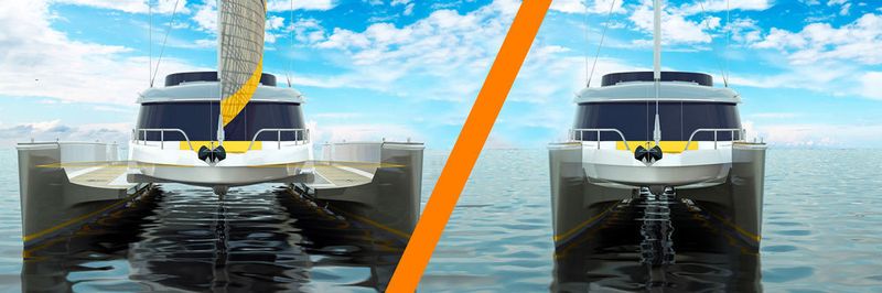 Der Katamaran kann seine Breite von vorher 8 m auf nur noch 4,85 m verkürzen. Im Verschiebemechanismus des Schwimmers kommen schmier- und wartungsfreie Linearführungen und e-ketten von igus zum Einsatz.
