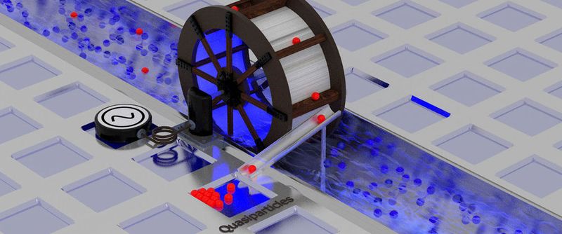 Die Abbildung illustriert das Herausfiltern unerwünschter Quasipartikel (rote Kugeln) aus einem Strom supraleitender Elektronenpaare (blaue Kugeln) mit Hilfe einer Pumpe mit Mikrowellen-Antrieb künstlerisch.
