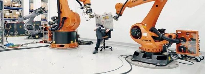 Klug inszeniert: Kuka-Roboter halten CEO Till Reuter die Zeitung.