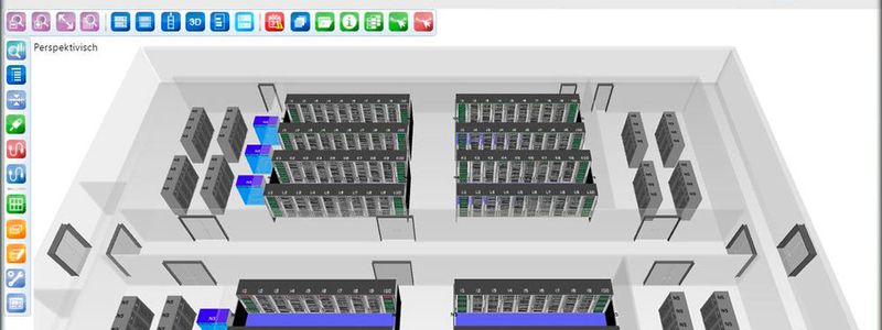 Das Bild zeigt beispielhaft im Browser eine perspektivische Sicht auf ein Rechenzentrum mithilfe des Speedikon-Monitoring-Systems „Dams“.