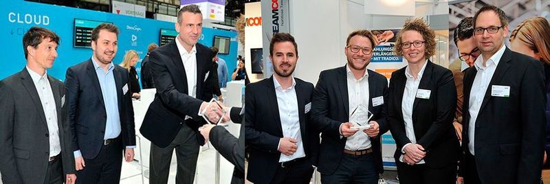 Die Oneclick-Gründer (v. l.) Mathias Meinke, Florian Bodner und Dominik Birgelen nahmen den Award entgegen (linkes Bild). Samuel Gmeinder (l.) und Manuel Hehle (2. v. l.) von Tradico wurden durch die Also-Manager Simone Blome und Stephan Klusmann ausgezeichnet.