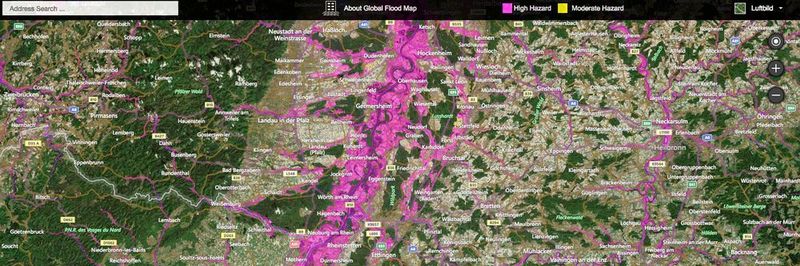 Dieser Ausschnitt der Global Flood Map zeigt, ob für einen Betriebsstandort im oberen Rheintal und angrenzenden Gebieten mit hoher oder moderater Gefährdung zu rechnen ist.