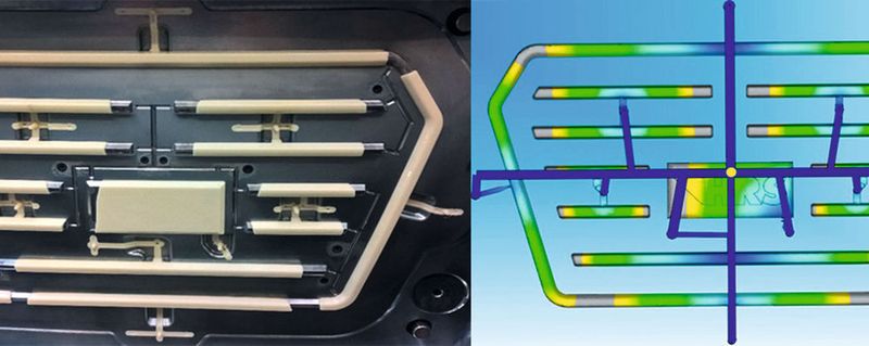 Comparison between real moulding and FLEXflow simulation. Flow balancing predictivity matches reality perfectly.
