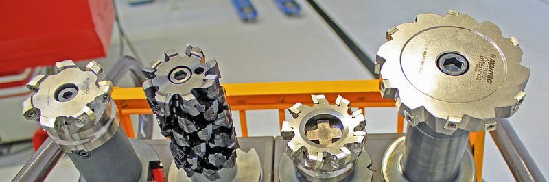 Eine Auswahl von Avantec-Fräswerkzeugen, mit denen die BF 2200 bestückt werden kann. In der zweiten Position oben links ein «Igel», ein Walzenstirnfräser in Multiring-Ausführung.