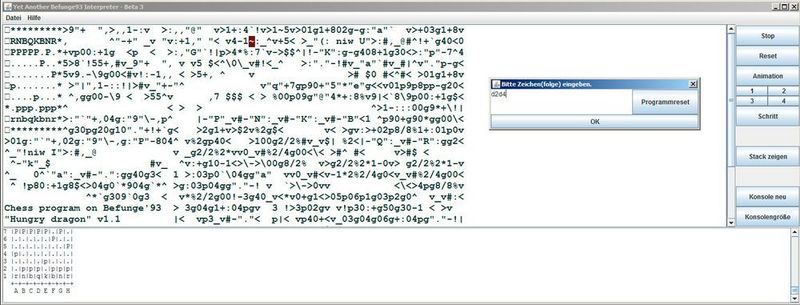Ein simples Schachprogramm – mit nicht allzu selbsterklärendem Befunge-Code.