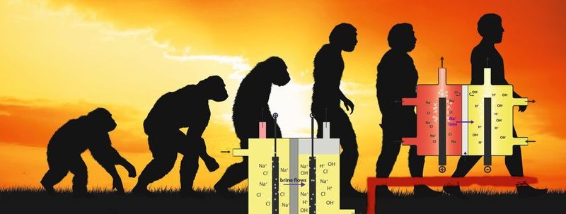 Die Entstehung der Arten: Die Membran-Elektrolyse (rechts) ist die letzte Stufe der Evolution der Chlorchemie nach dem Amalgamprozess (links) und dem Diaphragma-Verfahren (Mitte).