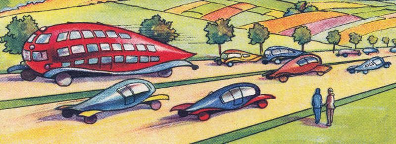 Eine neue Antriebskraft: Um Lasten vorwärts zu bewegen, nützt man die gewaltige Kraft, die bei der Zertrümmerung der Atome frei wird. Alle Autos fahren nur noch mit einem winzigen Motor, der von der Atomkraft getrieben wird. Die Geschwindigkeit der Autos ist entsprechend gewachsen. Auf der geteilten Straße fahren sie mit 200 bis 300 Kilometern durch die Stadt, auf den großen Überlandstraßen ist 1000 Kilometer Stundengeschwindigkeit keine Seltenheit!