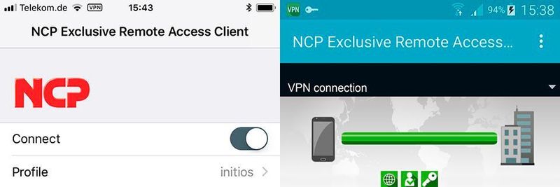 Der NCP Exclusive Remote Access Client ist für iOS (links) und Android (rechts) verfügbar.