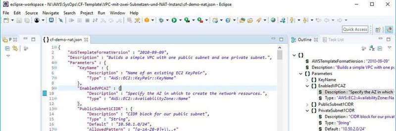 Beispielhaftes CloudFormation-Template im Eclipse-Editor.