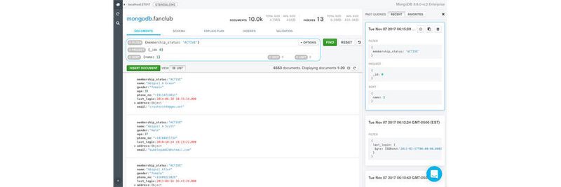 Abb. 1: MongoDB 3.6 Compass listet auf der rechten Seite auf, welche Datenbankabfragen zuletzt ausgeführt wurden und zeigt im Hauptfeld ein Beispiel dafür an.