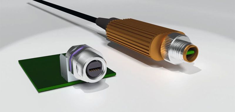 Millimeterwellen: 3-D-Modell eines
M8-Rundsteckverbinders mit Platinenstecker für Datenraten von 10 GBit/s.