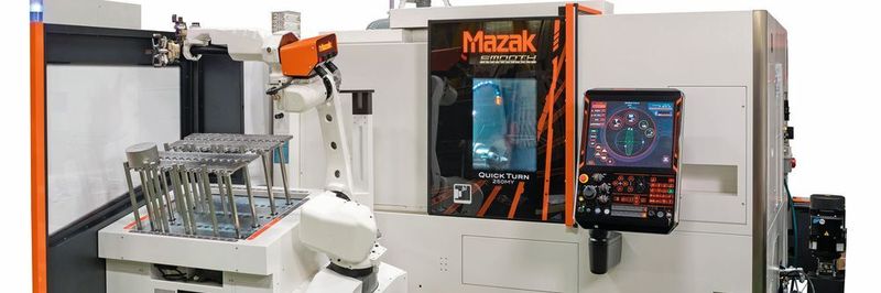 Das in Grossbritannien
gebaute neue Fertigungssystem, bestehend aus
einer Quick Turn 250MY und dem TA-12/200: Hierbei handelt es sich um ein «Plug-and-Play»-Drehzentrum in Kombination mit
einem roboterbasierten Maschinenbeschickungssystem.