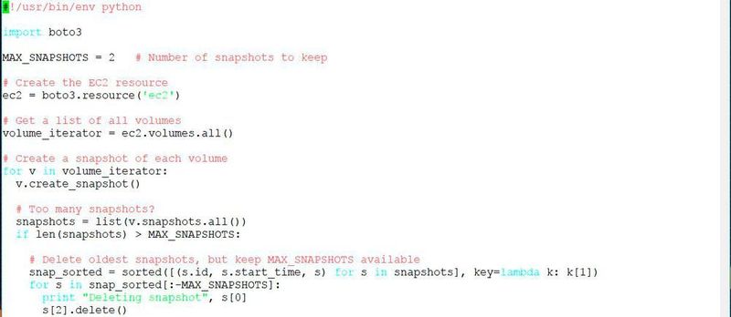 Dieses kurze Python/Boto-Programm erstellt automatisch Snapshots von EBS Volumes.