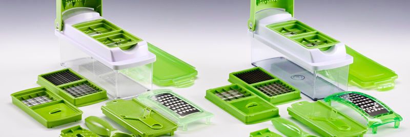Don't be fooled: The two products are not the same. Only the left one really is the kitchen cutting deveice “Nicer Dicer Plus” by Genius GmbH, while the other one is a plagiarism that comes with blunt and easily breaking cutting blades. The product was awarded the first prize of the Plagiarius Award 2018, a prize created to rise the awareness for theft of ideas.