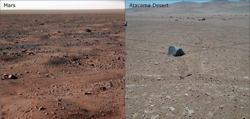 Vergleich der Marsoberfläche (links) mit dem Grund der Atacama-Wüste (rechts).
