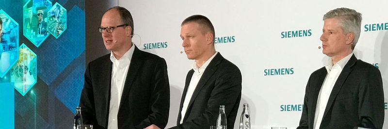 Stellen Siemens' Hightlights auf der Hannover Messe 2018 vor (v.l.n.r.): Jan Mrosik, CEO der Division Digital Factory, Jürgen Brandes, CEO der Division Process Industries and DrivesRalf Christian, CEO der Division Energy Management.
