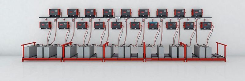 LED-Streifen zeigen dem Nutzer an, welche Batterie wie lange geladen hat.
LED strips show the user how long each battery has been charging.