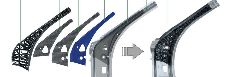 Aufbau der intrinsisch gefügten Leichtbau-A-Säule in 3D-Hybrid-Bauweise. Gefertigt wird das hochkomplexe Bauteil in einem vollständig automatisierten und qualitätsüberwachten Fertigungsprozess.