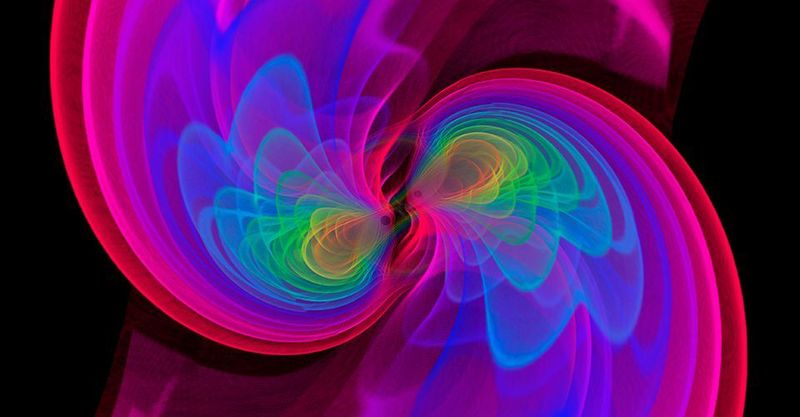 Gravitationswellen entstehen beim Verschmelzen zweier schwarzer Löcher, wie diese Simulation zeigt. Um sie messen zu können, sammeln Gravitationswellen-Observatorien enorme Datenmengen, deren Auswertung viel Rechenleistung beansprucht.