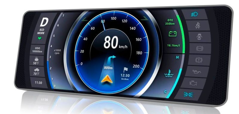 Das gebogene Demoinstrument von Kyocera stellt 3D-Inhalte dar. Die nutzbare Tiefe für den 3D-Effekt bewegt sich zwischen 10 und 40 mm. Über Eye-Tracking werden die Bewegungen des Fahrers erfasst.