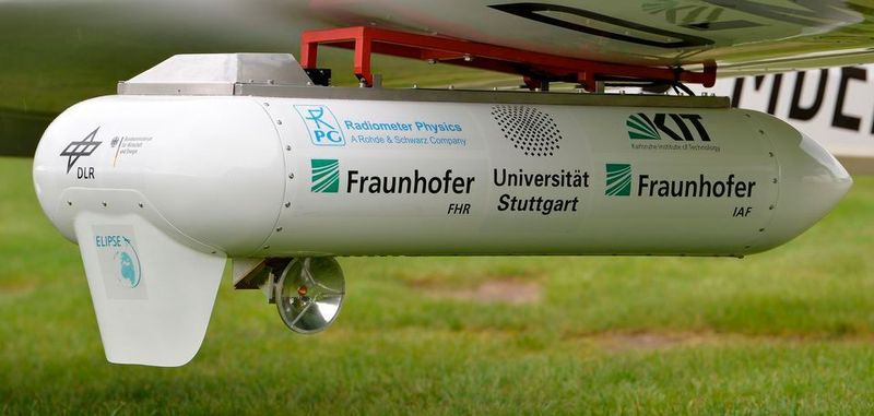 Sender am Flügel des Flugzeugs. Eine kleine Parabolantenne mit eigens entwickelter Steuerung sorgt für die korrekte Ausrichtung auf die Bodenstation.