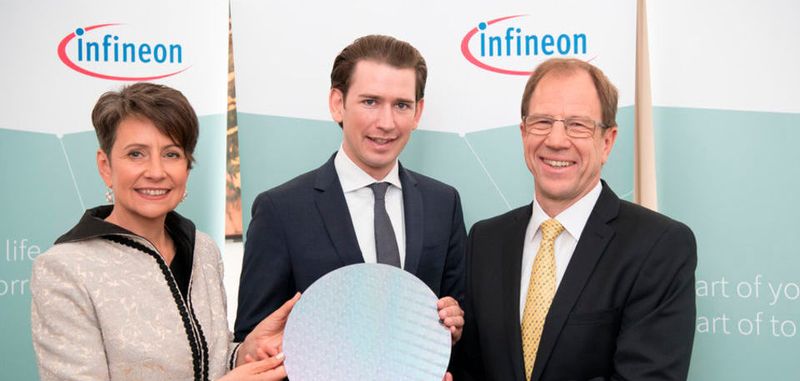 Neue Infineon-Halbleiterfabrik: Österreichs Bundeskanzler Sebastian Kurz, Dr. Reinhard Ploss, Vorstandsvorsitzender von Infineon, und Dr. Sabine Herlitschka, Vorstandsvorsitzende von Infineon Austria, stellten das Projekt in Wien vor.