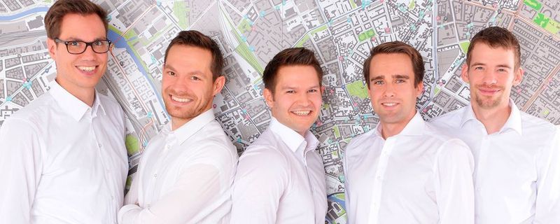 Die Gesellschafter von Geospin: (v. li.) Johannes Bendler, Niklas Goby, Sebastian Wagner, Tobias Brandt und Christoph Gebele.
