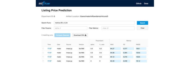 Die Browser-basierte Benutzeroberfläche von MLflow zeigt Datenquellen und Filter an.