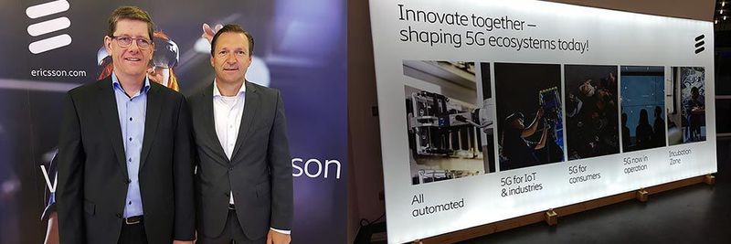 Eurolab-Leiter Jan-Peter Meyer-Kahlen (links) und Stefan Koetz (rechts), Vorsitzender der Geschäftsführung der Ericsson GmbH, bei der Eröffnung des Ericsson Innovation Day 2018.