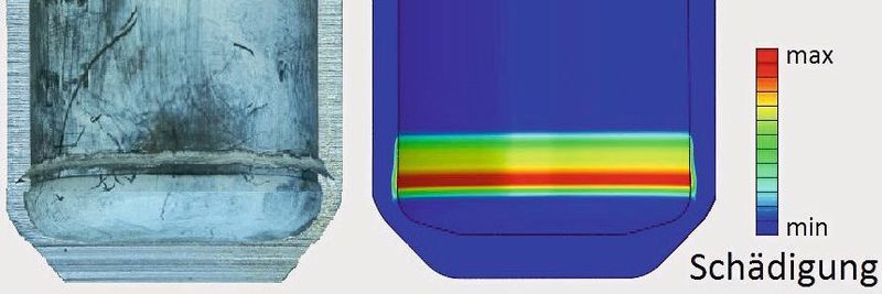 Das neue Simulationsmodell vom Fraunhofer IWM soll die Schädigungsentwicklung in mehrerstufigen Prozessen präzise berechnen können. Auf dem Bild ist ein umlaufender Riss im fließgepressten Napf zu sehen: reales Teil (links) und Simulation (rechts).
