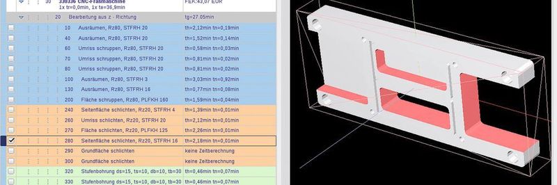 Ergebnis der generierten Arbeitsgangfolge mit Arbeitsstufen und berechneten Zeiten; Visualisierung der Bearbeitung im 3D-Modell Planzeit.